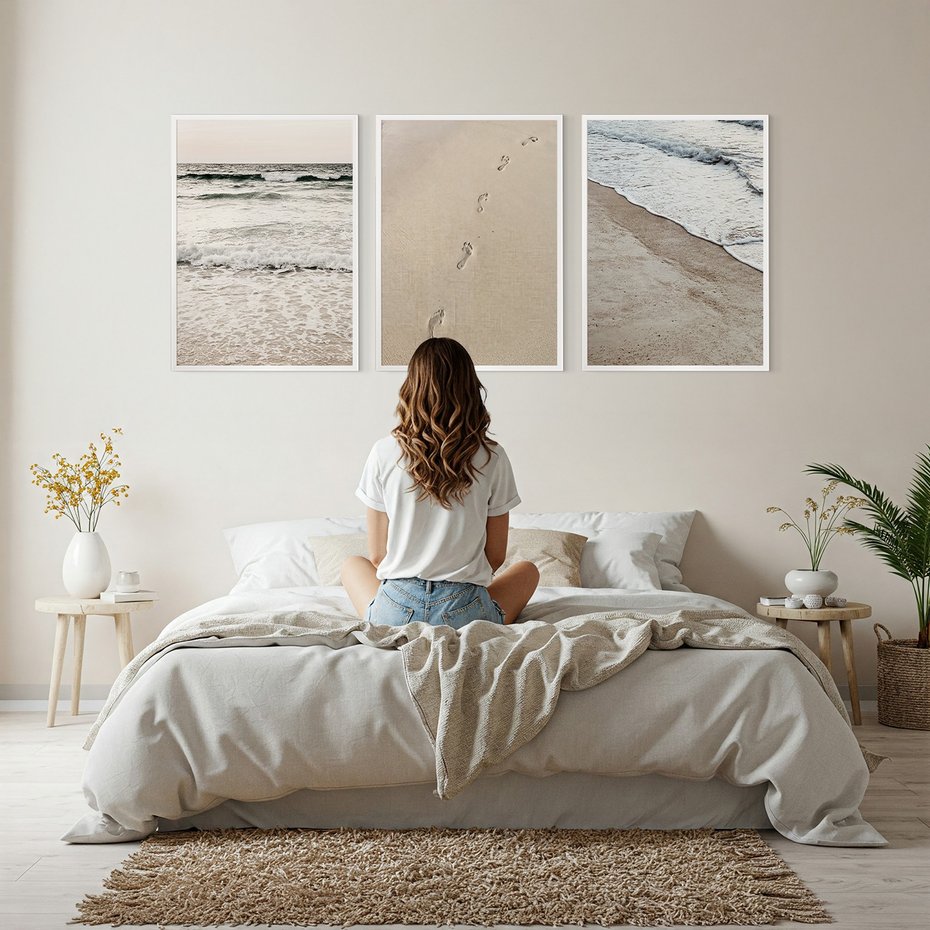 Zestaw obrazy w ramie, plakaty - plaża, piasek, morze - rama biała