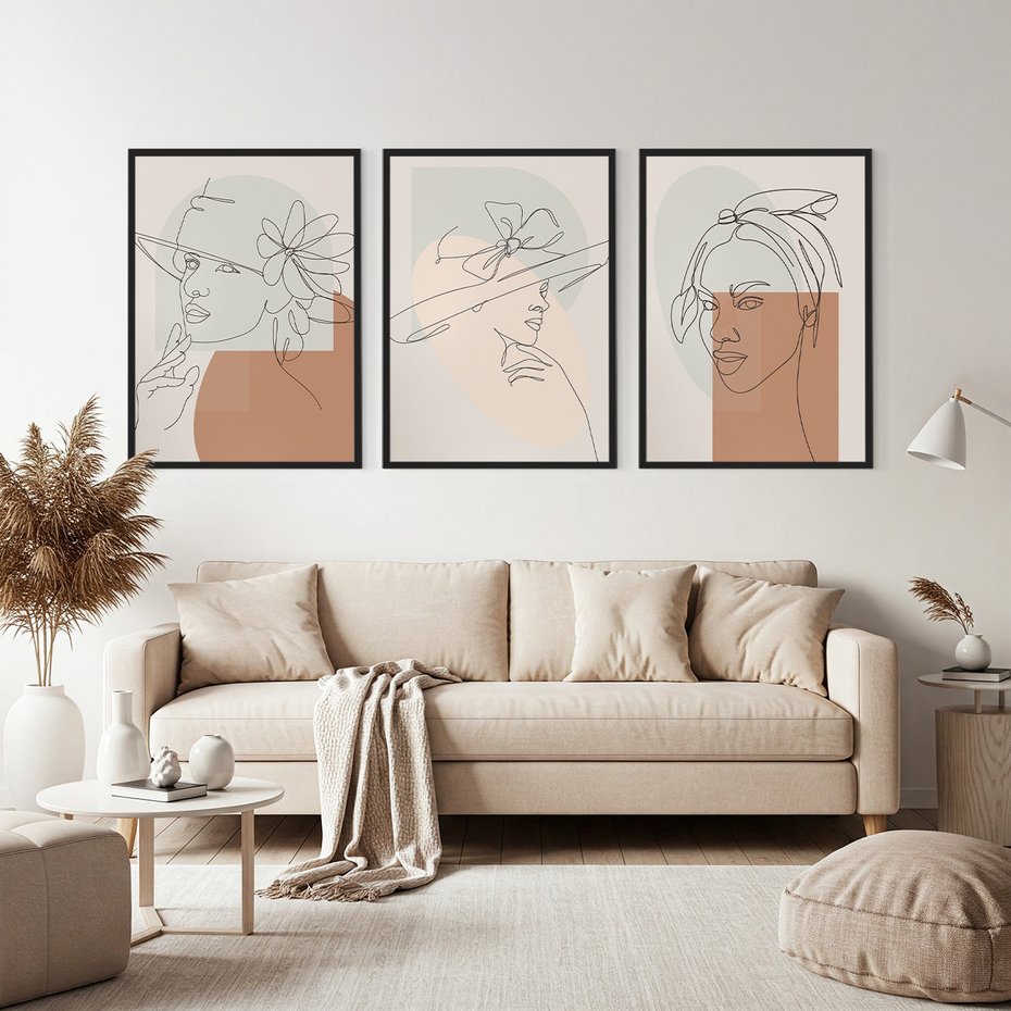 Zestaw obrazy w ramie, plakaty - kobieta, kapelusz, portret - rama czarna