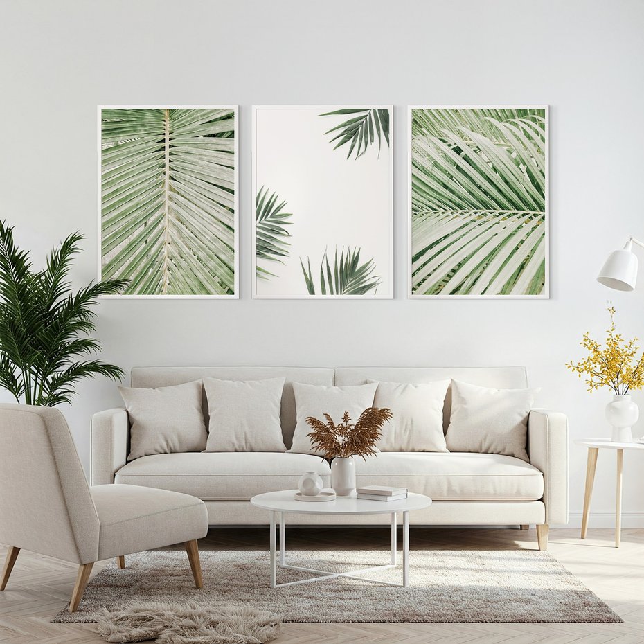 Zestaw obrazy w ramie, plakaty - liście, palmy, tropikalne - rama biała