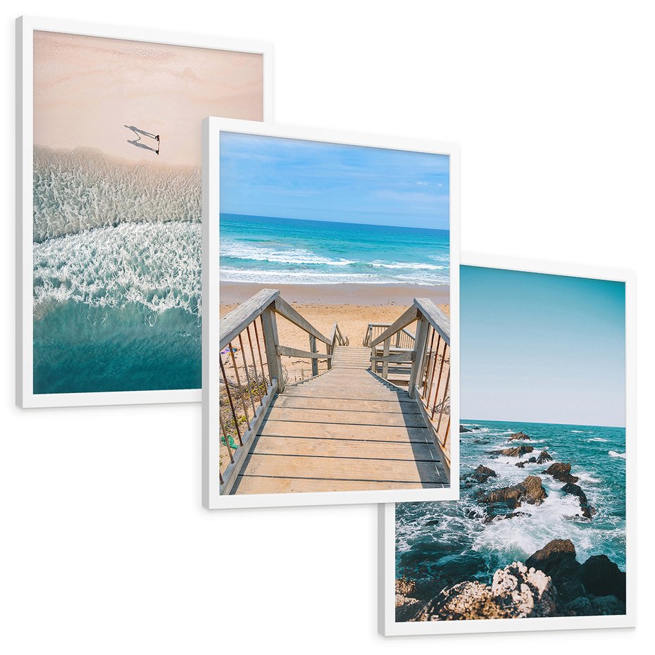 Zestaw obrazy w ramie, plakaty - plaża, morze, woda - rama biała