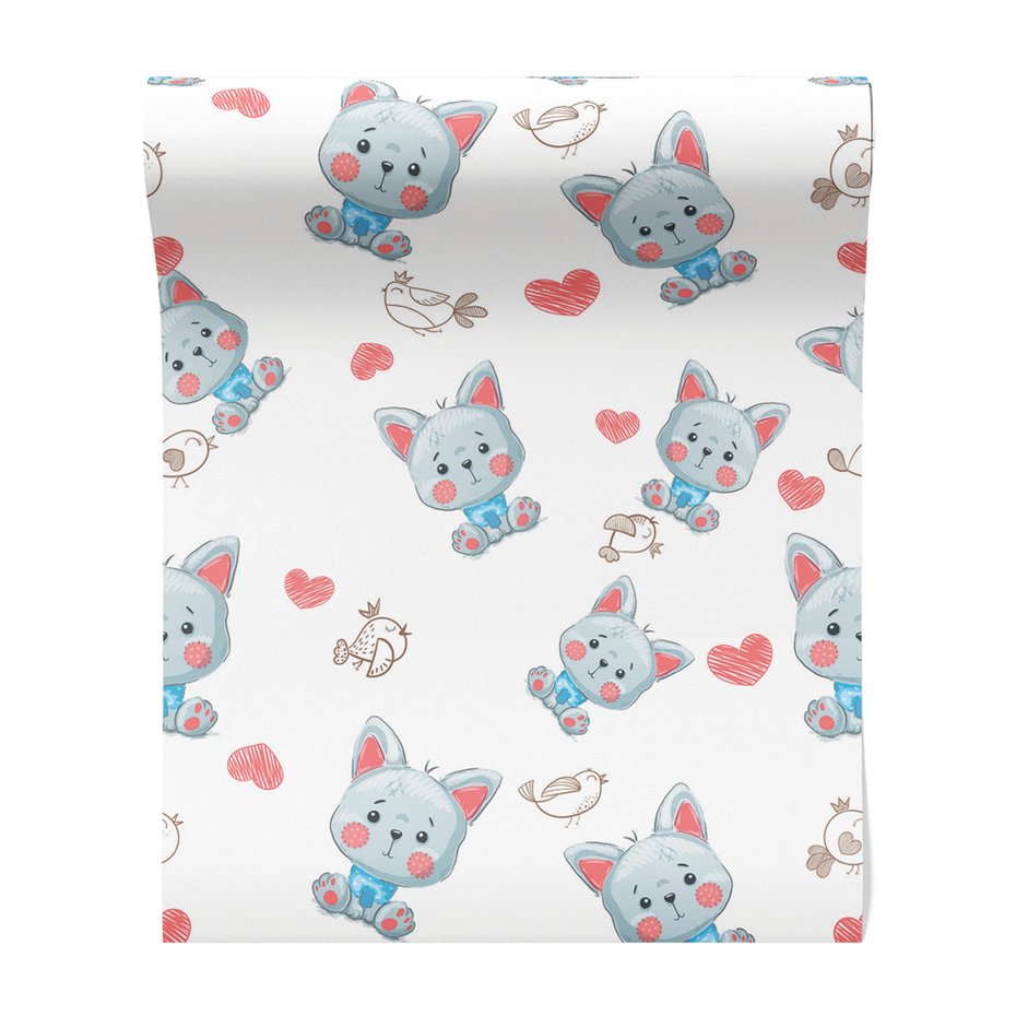 Tapeta - dziecięca, kotek, serca, ptaki