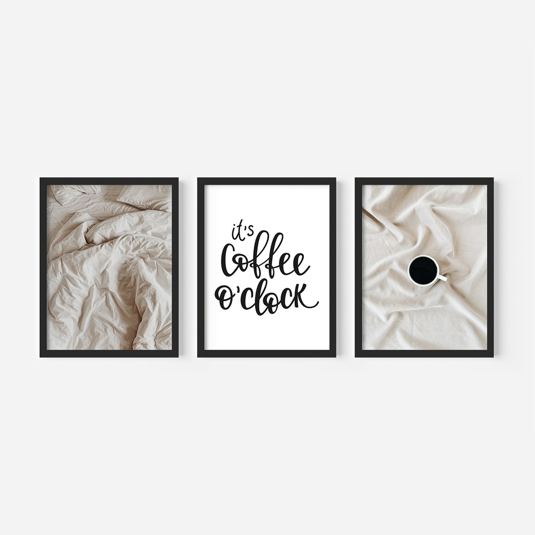 Zestaw obrazy w ramie, plakaty - pościel, kawa, relaks - rama czarna