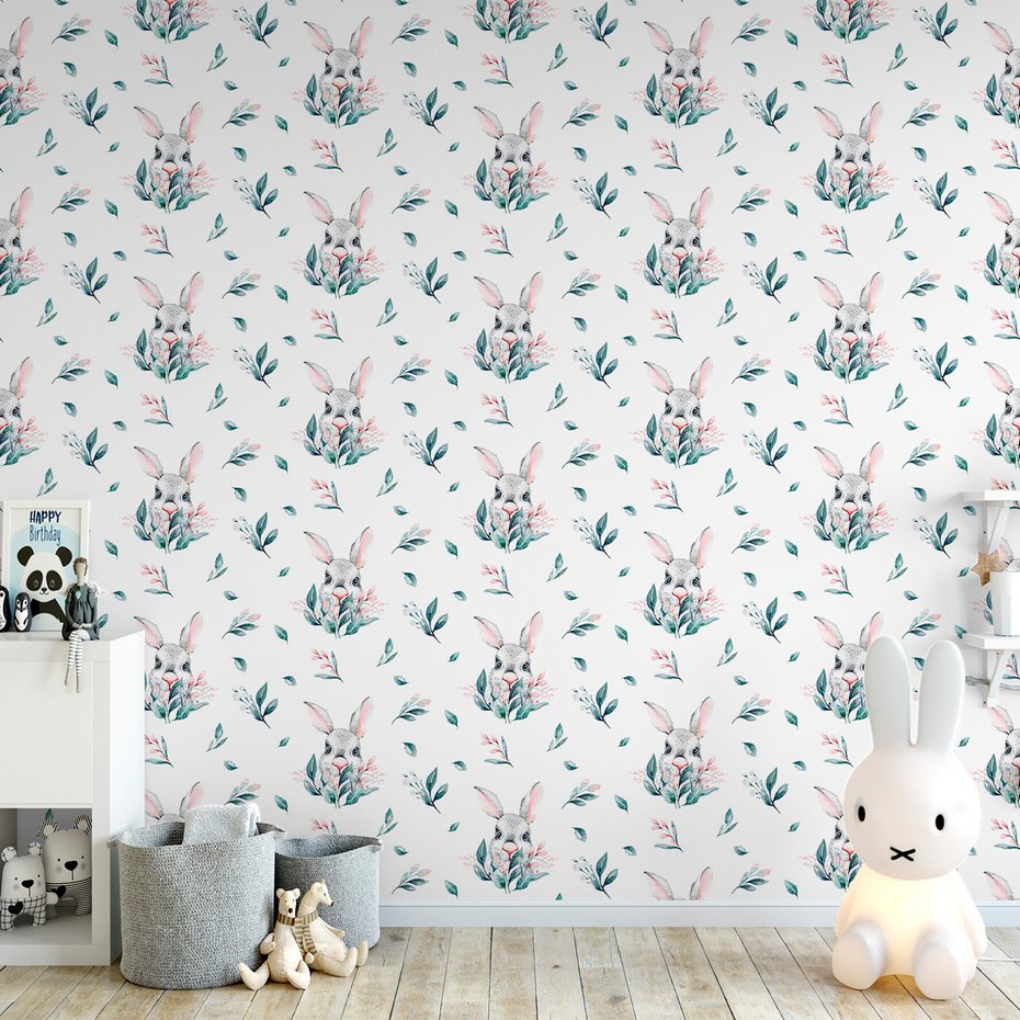 Tapeta - dziecięca, królik, liście, kwiaty