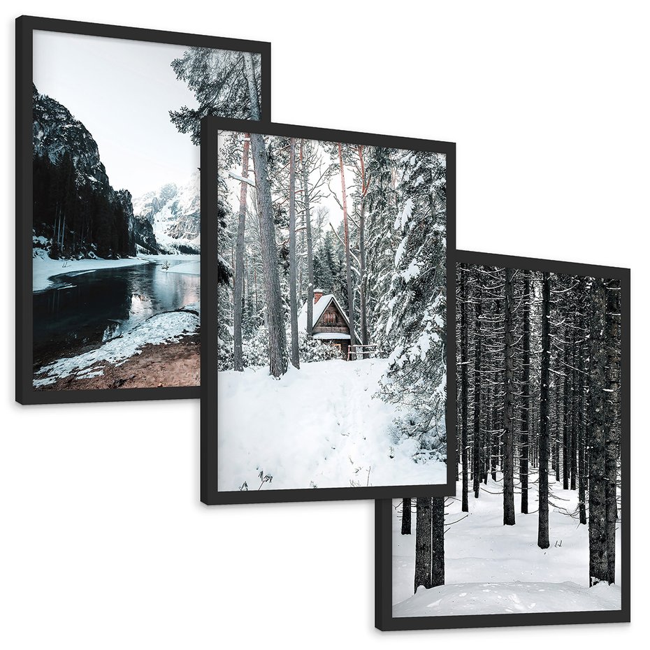 Zestaw obrazy w ramie, plakaty - zima, śnieg, las - rama czarna