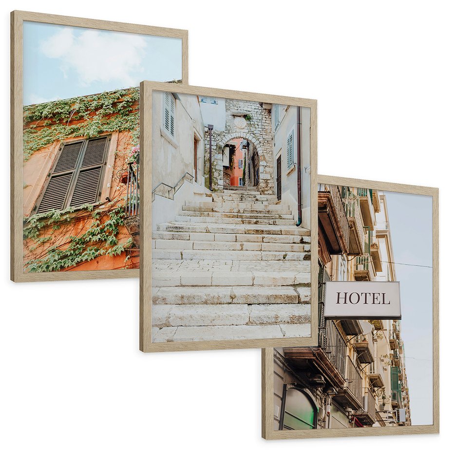 Zestaw obrazy w ramie, plakaty - architektura, budynki, kamień - rama drewno