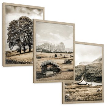 Zestaw obrazy w ramie, plakaty - krajobraz, góry, drzewa - rama drewno