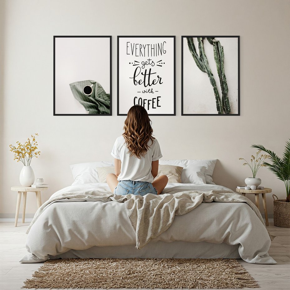 Zestaw obrazy w ramie, plakaty - kawa, kaktus, napisy - rama czarna