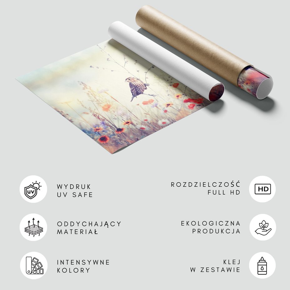 Fototapeta - ptak, kwiaty, łąka