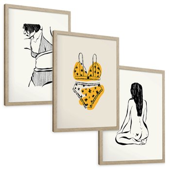 Zestaw obrazy w ramie, plakaty - kobieta, bielizna, ciało - rama drewno