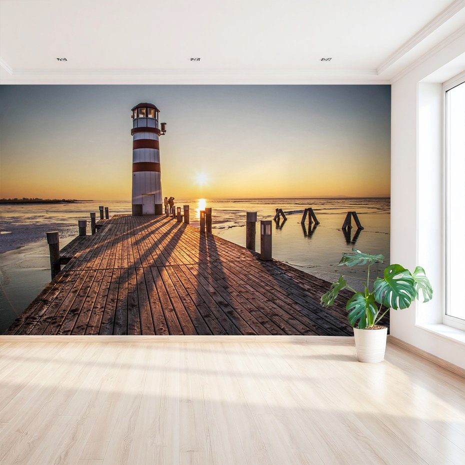 Fototapeta - latarnia morska, molo, zachód słońca