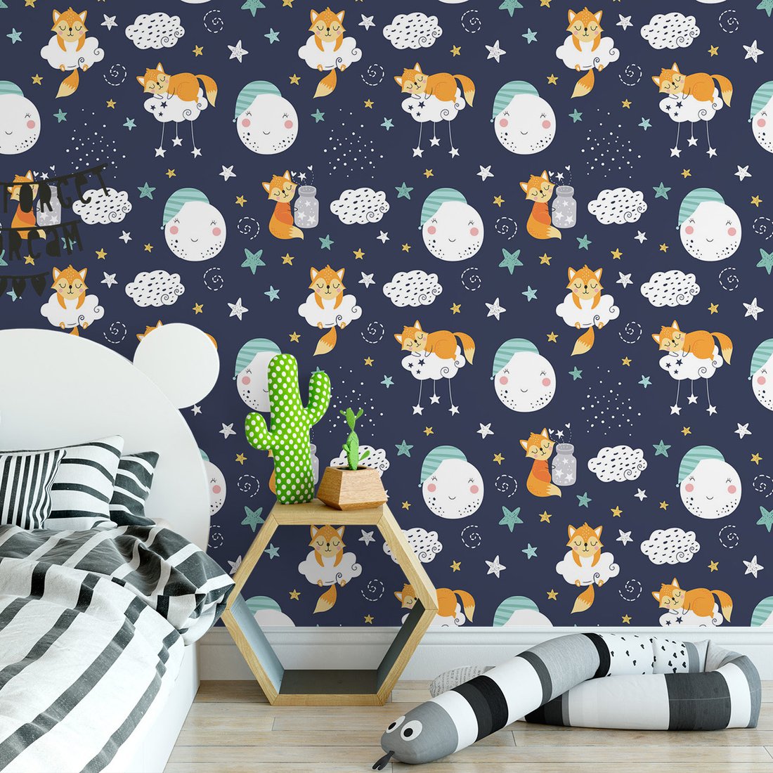 Tapeta - dziecięca, lis, chmura, gwiazda