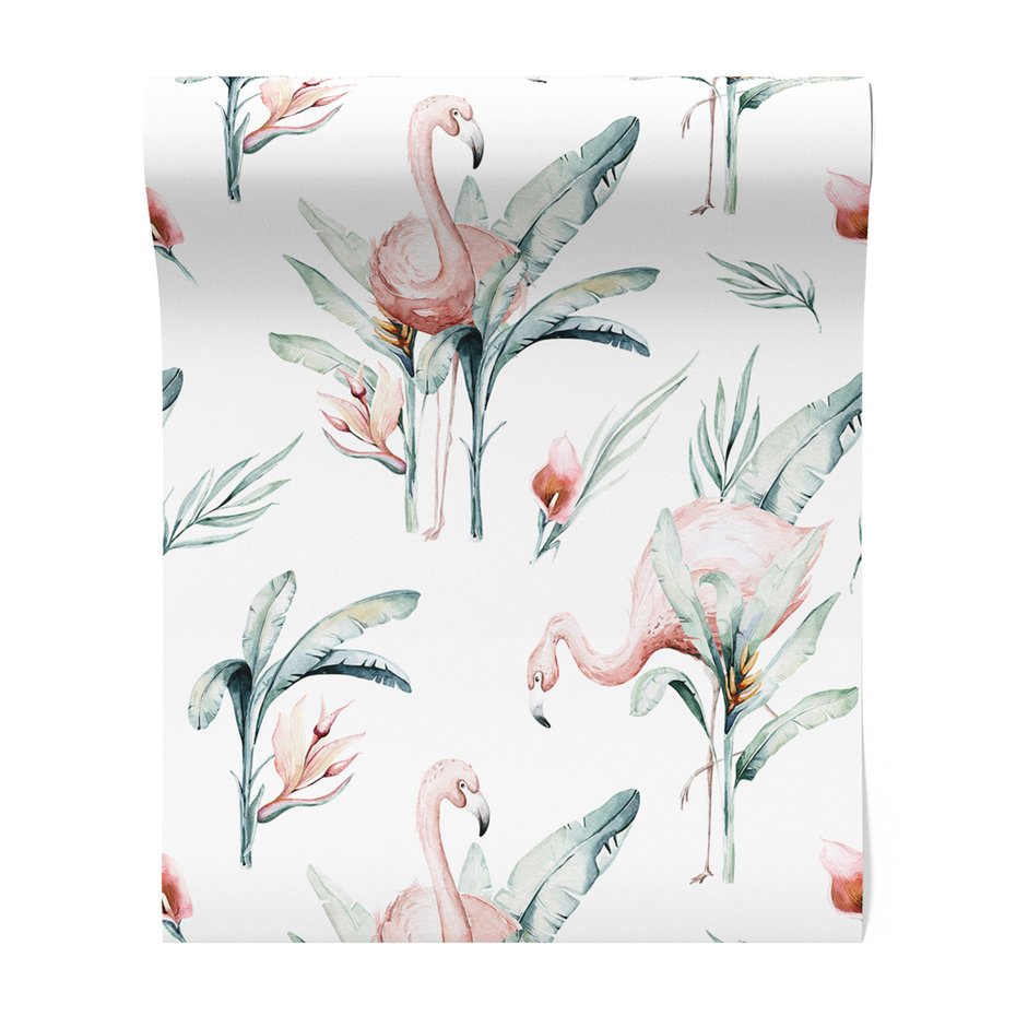 Tapeta - flamingo, liście, kwiaty