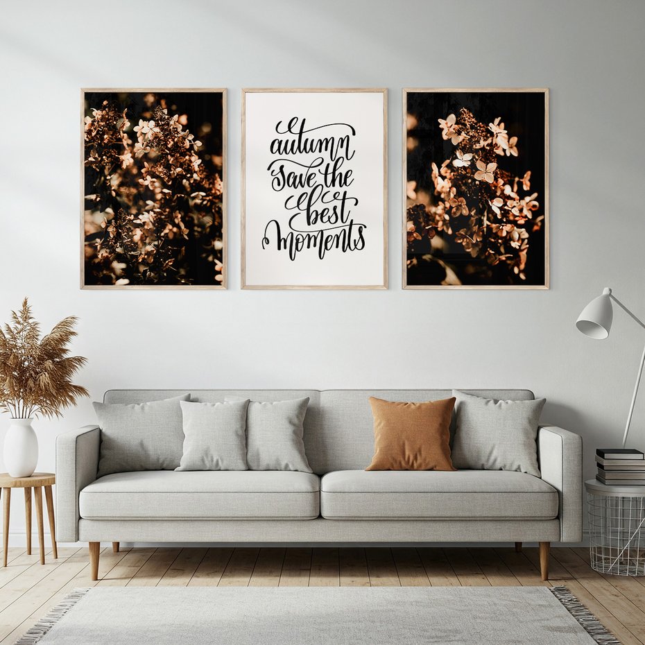 Zestaw obrazy w ramie, plakaty - kwiaty, jesień, dekoracja - rama drewno