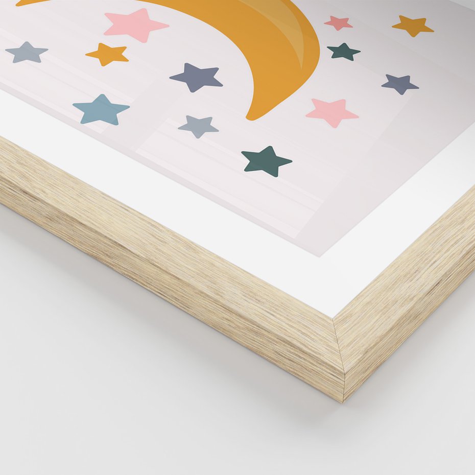 Zestaw obrazy w ramie, plakaty - gwiazdy, księżyc, tęcza - rama drewno