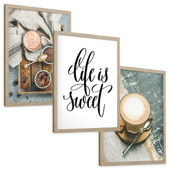 Zestaw obrazy w ramie, plakaty - kawa, deser, napój - rama drewno