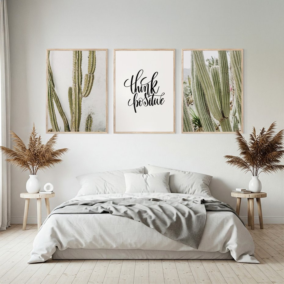 Zestaw obrazy w ramie, plakaty - kaktusy,rośliny,tekst - rama drewno