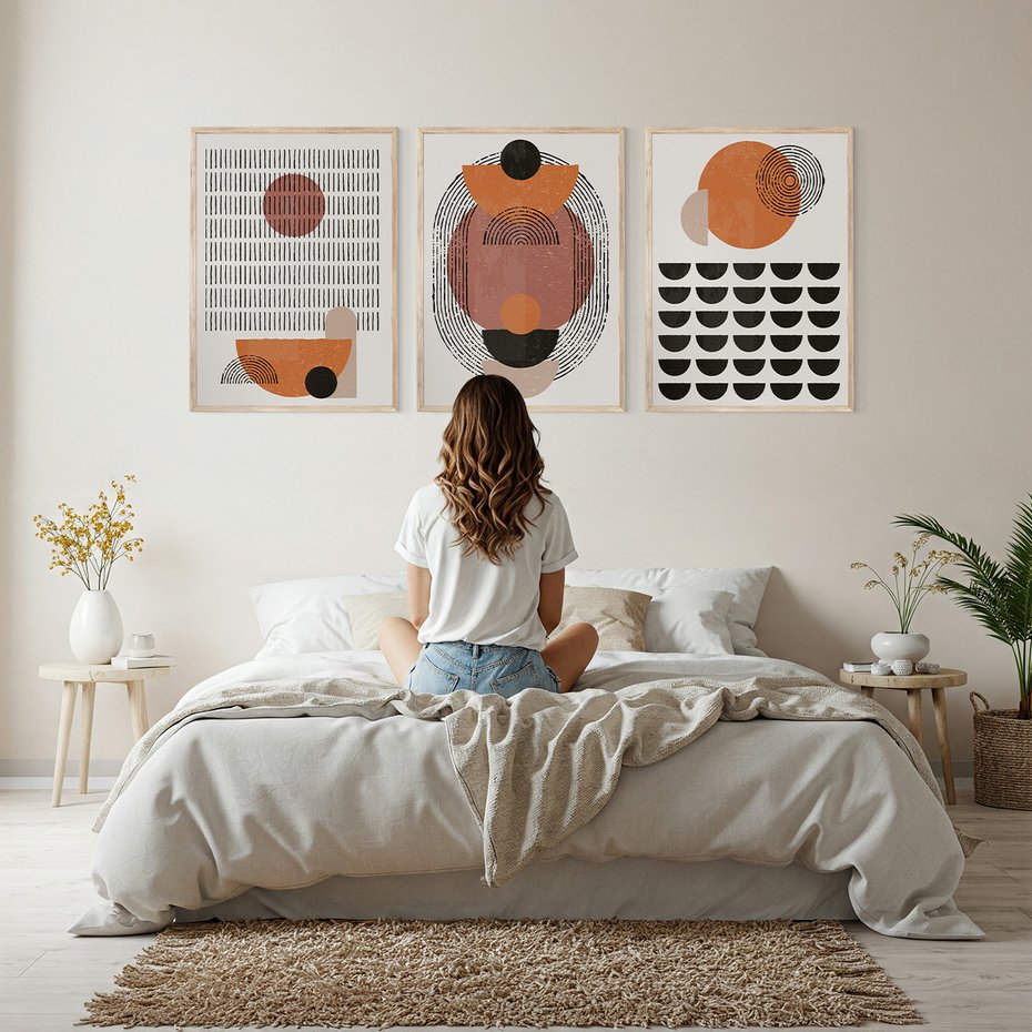 Zestaw obrazy w ramie, plakaty - abstrakcja, grafika, geometria - rama drewno