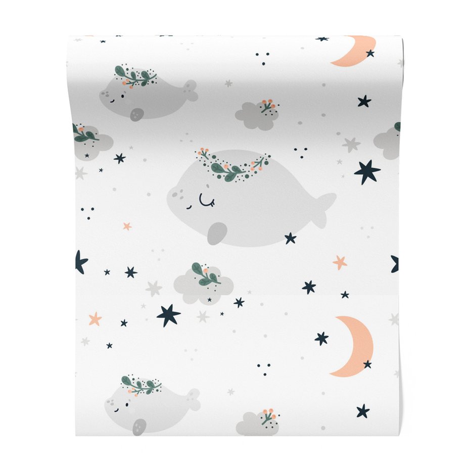 Tapeta - dziecięca, wieloryby, gwiazdy, księżyc