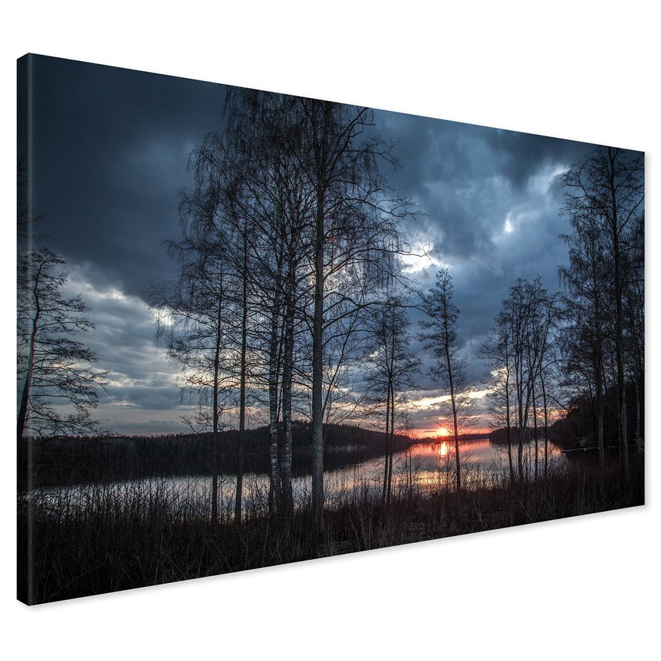Obraz na płótnie - jezioro, drzewa, zachód słońca