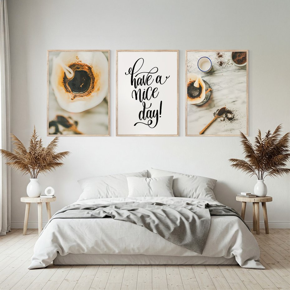 Zestaw obrazy w ramie, plakaty - kawa, napój, filiżanka - rama drewno