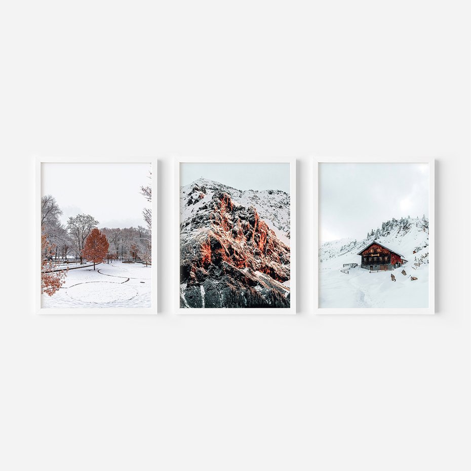 Zestaw obrazy w ramie, plakaty - zima, śnieg, góry - rama biała