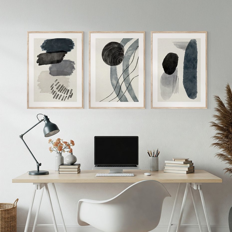 Zestaw obrazy w ramie, plakaty - abstrakcja, kształty, geometria - rama drewno