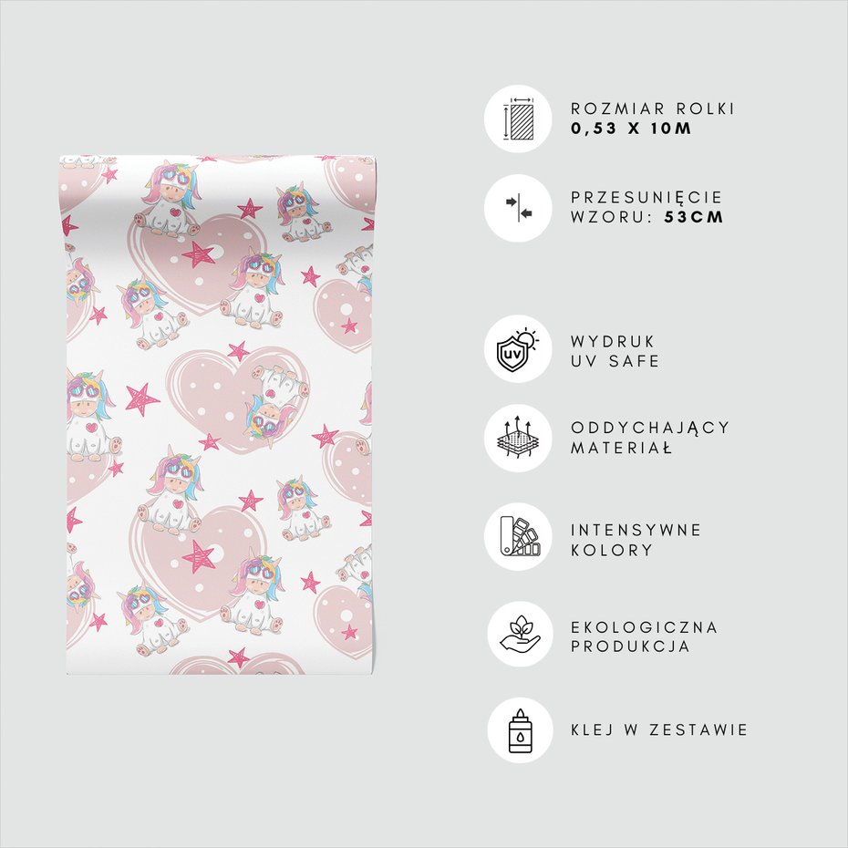 Tapeta - dziecięca, jednorożec, serca, gwiazdy