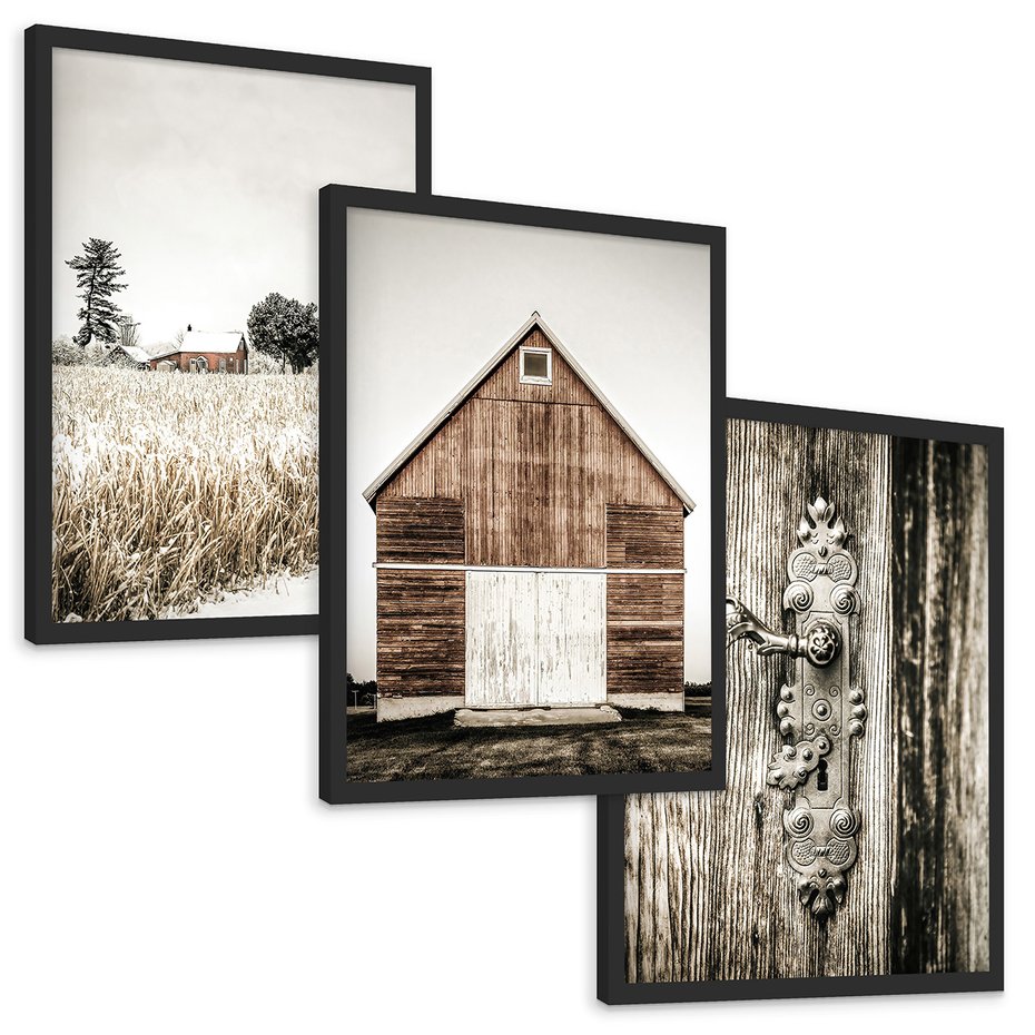 Zestaw obrazy w ramie, plakaty - wieś, dom, drewno - rama czarna