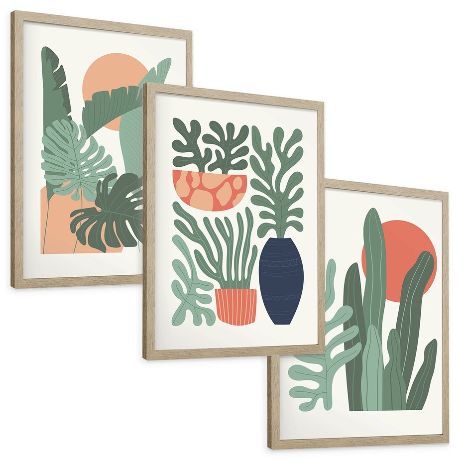 Zestaw obrazy w ramie, plakaty - liście, rośliny, abstrakcja - rama drewno