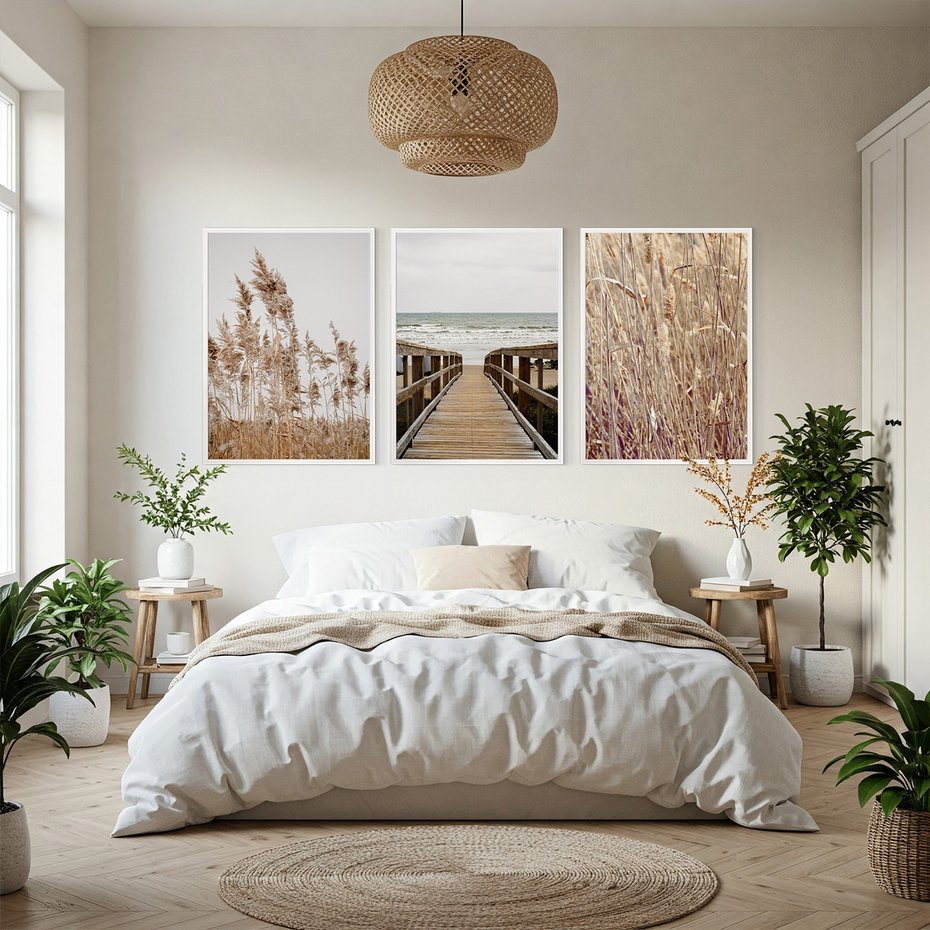 Zestaw obrazy w ramie, plakaty - trzcina, plaża, morze - rama biała