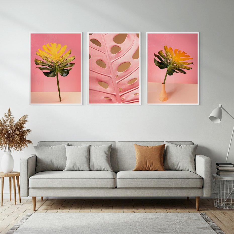 Zestaw obrazy w ramie, plakaty - liść, monstera, roślina - rama biała