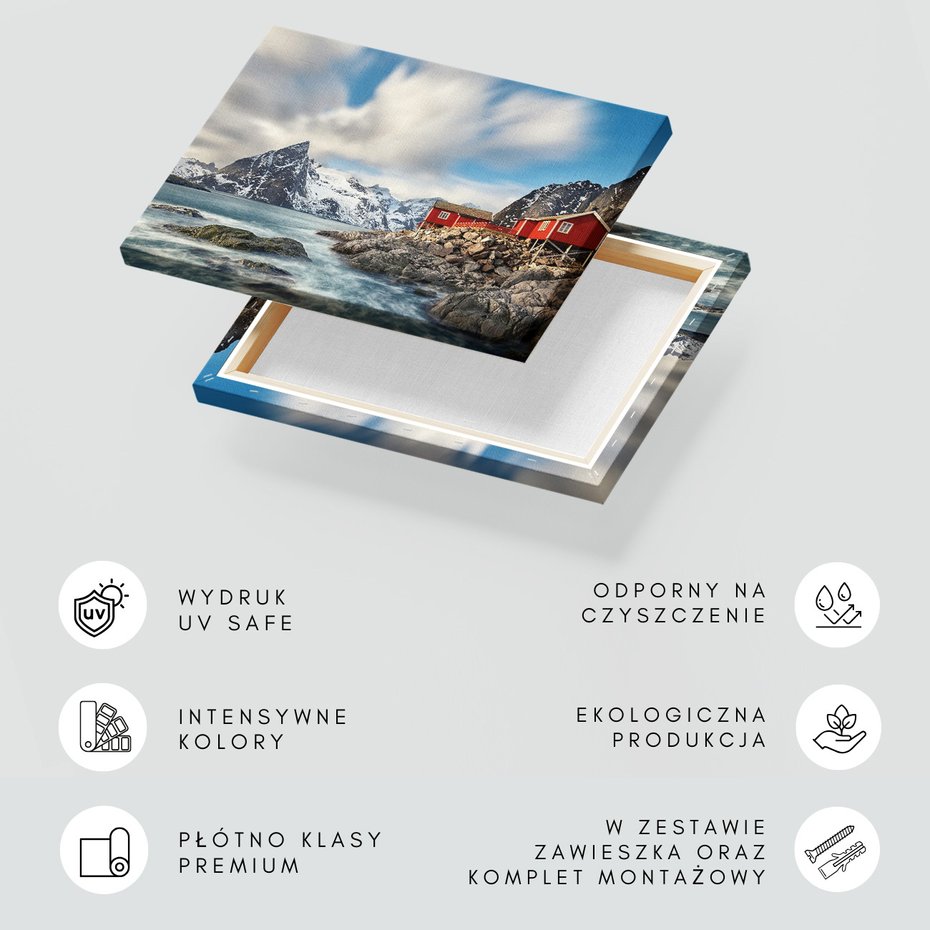 Obraz na płótnie - góry, domki, morze