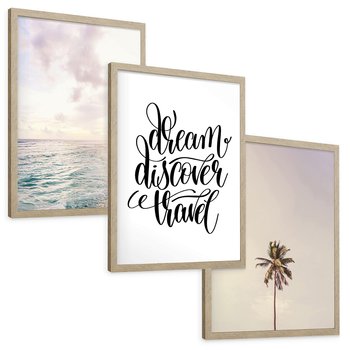 Zestaw obrazy w ramie, plakaty - plaża,palma,napis - rama drewno