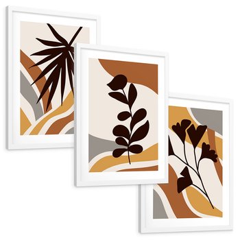 Zestaw obrazy w ramie, plakaty - liście, abstrakcja, rośliny - rama biała