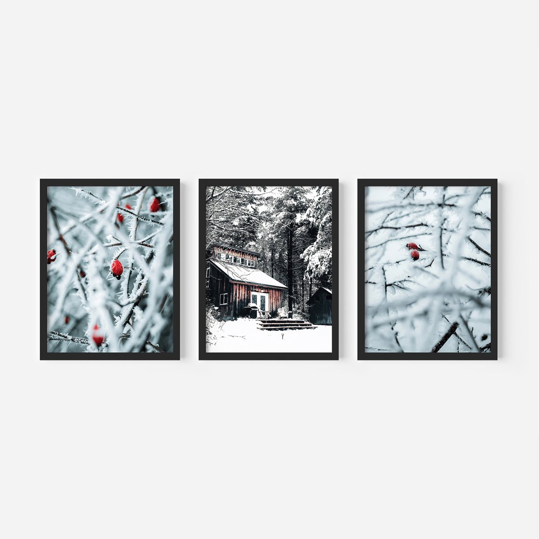 Zestaw obrazy w ramie, plakaty - zima, śnieg, mróz - rama czarna