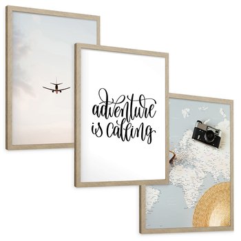 Zestaw obrazy w ramie, plakaty - podróż, samolot, mapa - rama drewno