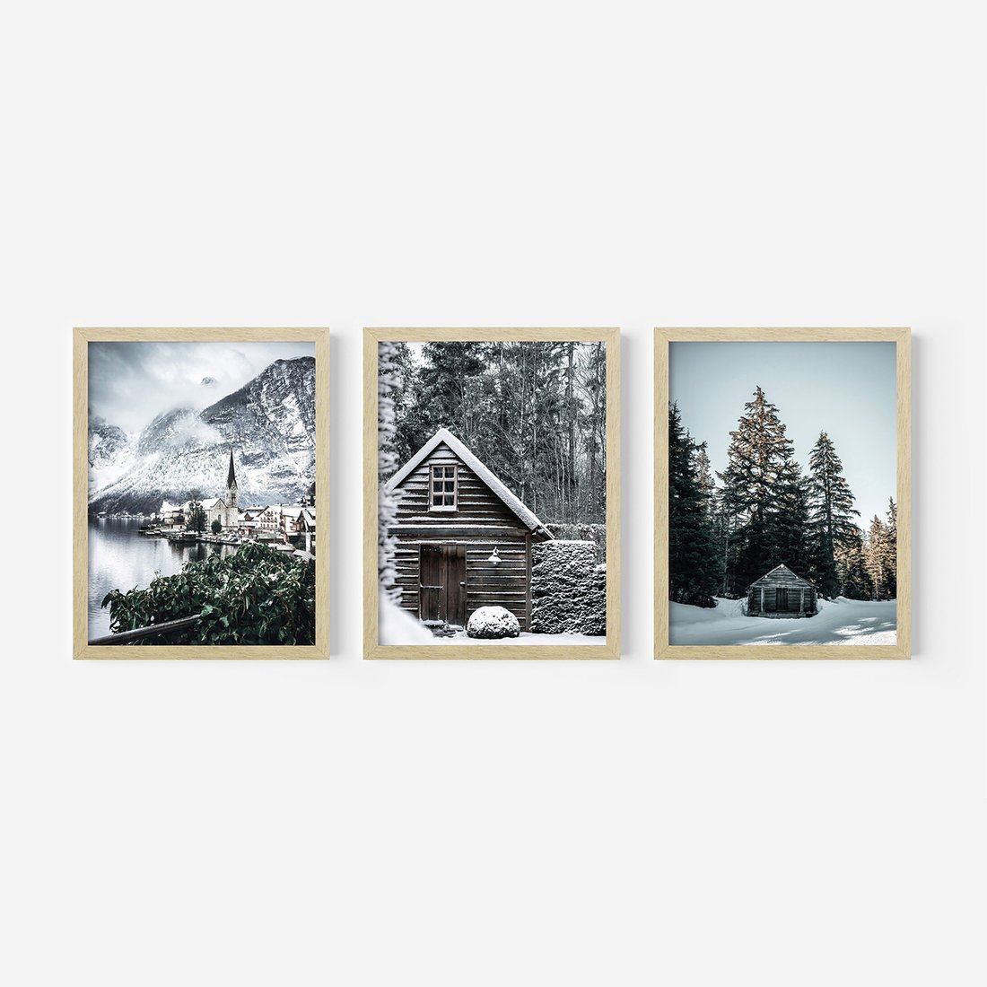 Zestaw obrazy w ramie, plakaty - zima, śnieg, krajobraz - rama drewno