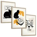 Zestaw obrazy w ramie, plakaty - kot, ilustracja, grafika - rama drewno
