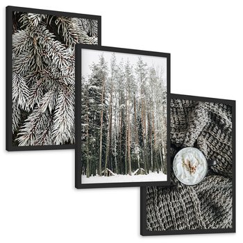 Zestaw obrazy w ramie, plakaty - zima, śnieg, las - rama czarna