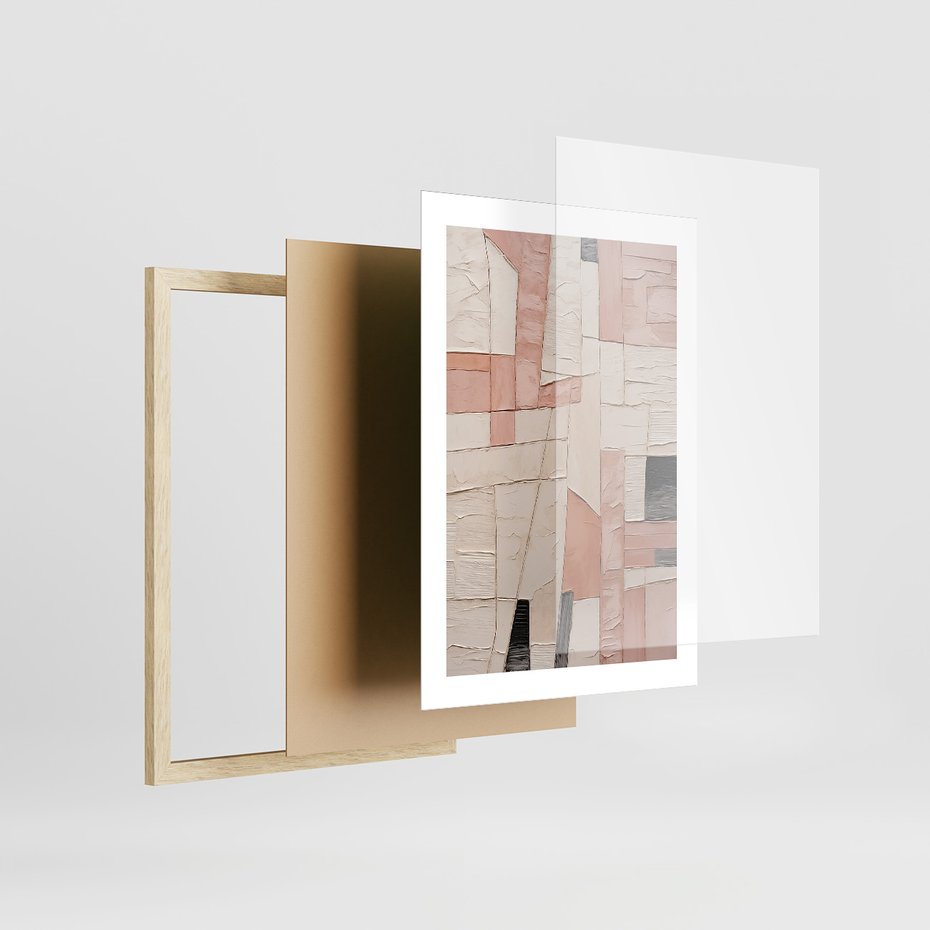 Zestaw obrazy w ramie, plakaty - abstrakcja, pastelowe, geometryczne - rama drewno