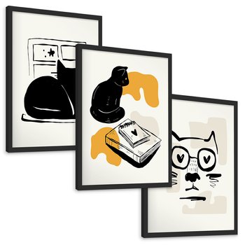 Zestaw obrazy w ramie, plakaty - kot, ilustracja, grafika - rama czarna