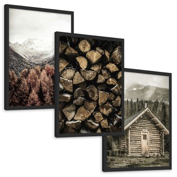 Zestaw obrazy w ramie, plakaty - góry, drewno, las - rama czarna