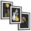 Zestaw obrazy w ramie, plakaty - liście, złoto, abstrakcja - rama czarna