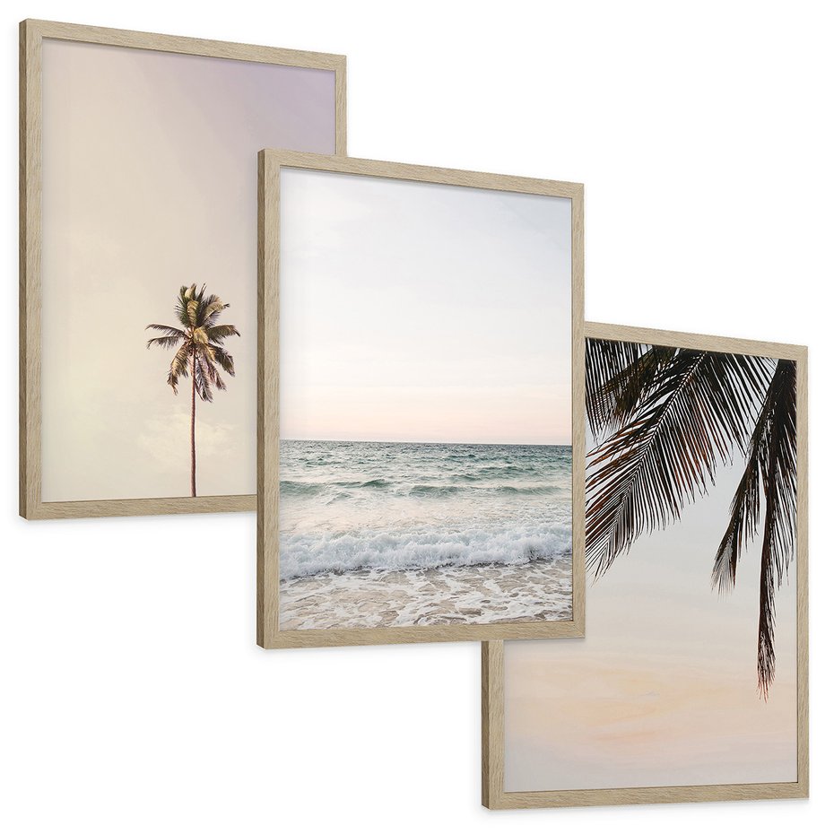 Zestaw obrazy w ramie, plakaty - plaża, morze, palmy - rama drewno