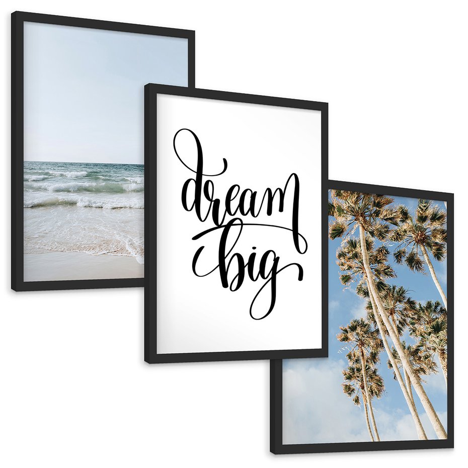 Zestaw obrazy w ramie, plakaty - plaża,palmy,morze - rama czarna