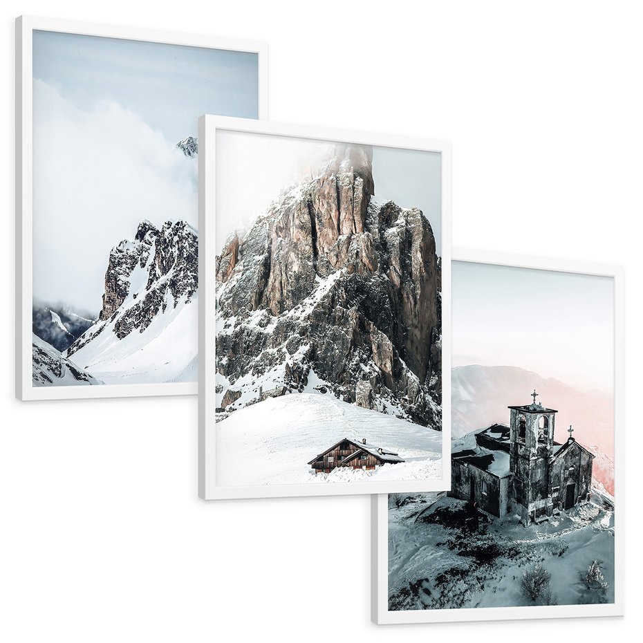 Zestaw obrazy w ramie, plakaty - góry, śnieg, zima - rama biała