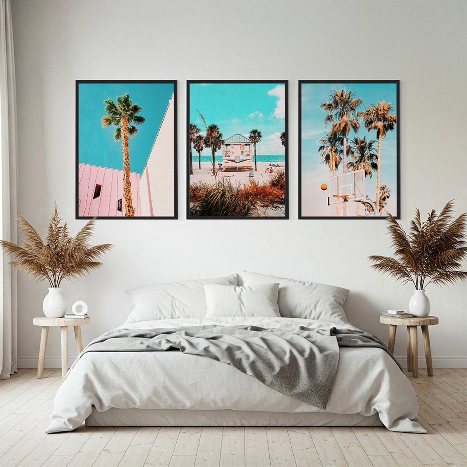 Zestaw obrazy w ramie, plakaty - palmy, plaża, tropiki - rama czarna