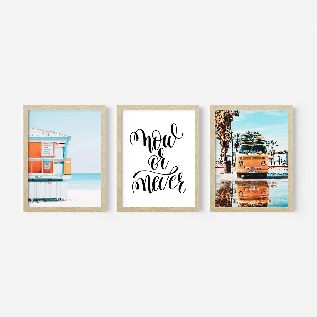 Zestaw obrazy w ramie, plakaty - plaża, lato, wakacje - rama drewno