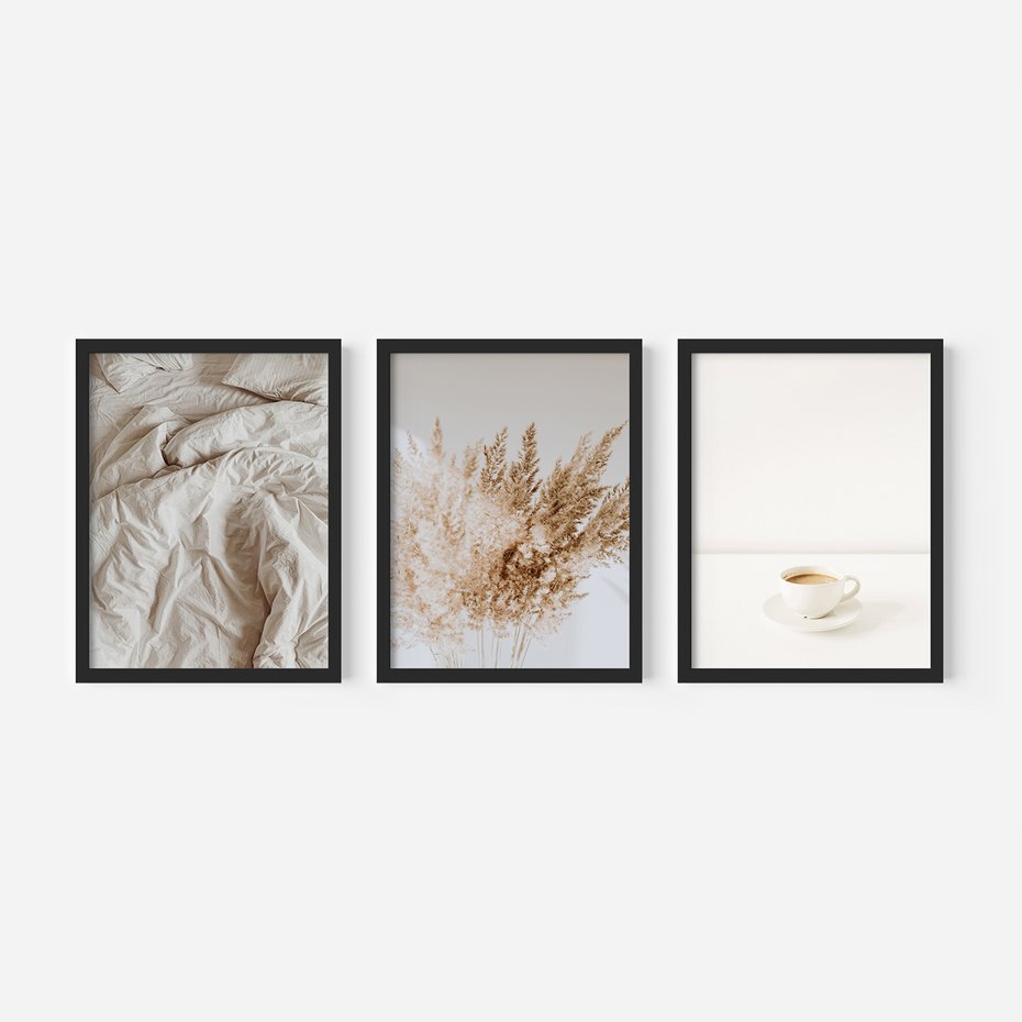 Zestaw obrazy w ramie, plakaty - beżowy, kawa, trawa - rama czarna