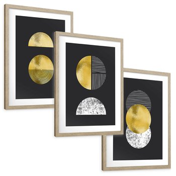 Zestaw obrazy w ramie, plakaty - złoty, abstrakcja, geometryczny - rama drewno